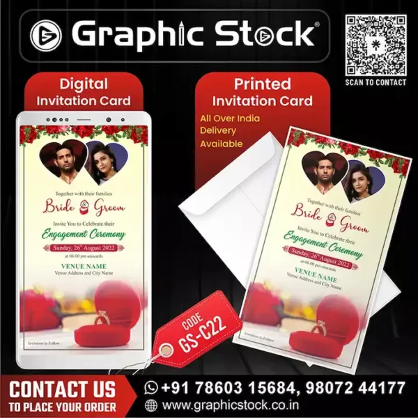 Heart Frame Engagement Invitation with couple photo and red gift box – digital & printed card by Graphic Stock