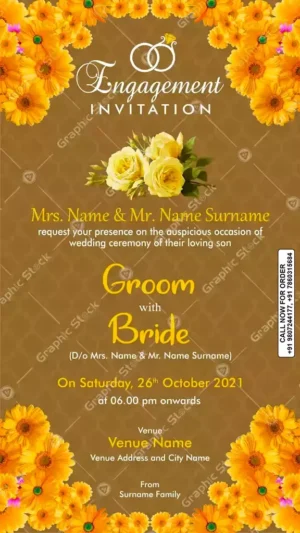 Floral Engagement Invitation card with yellow marigold flowers – digital and printed format by Graphic Stock
