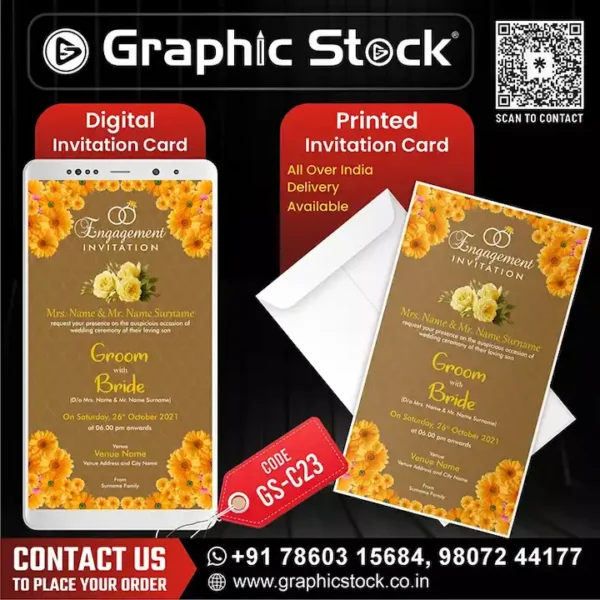 Floral Engagement Invitation card with yellow marigold flowers – digital and printed format by Graphic Stock