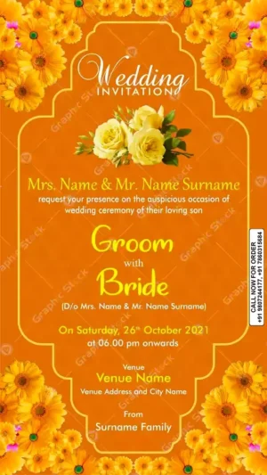 Floral Wedding Invitation with marigold border – digital & printed card by Graphic Stock.