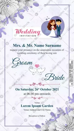 Cartoon Couple Wedding Invitation in Lavender Floral Theme ā Digital & Printed