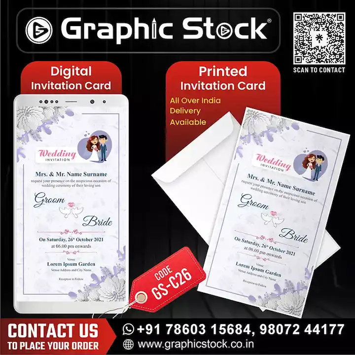 Cartoon Couple Wedding Invitation in Lavender Floral Theme – Digital & Printed