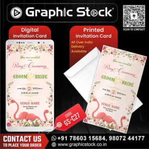 Flamingo Ring Ceremony Invitation Card with floral borders – Birds Theme Ring Ceremony Invitation by Graphic Stock.