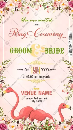 Flamingo Ring Ceremony Invitation Card with floral borders – Birds Theme Ring Ceremony Invitation by Graphic Stock.