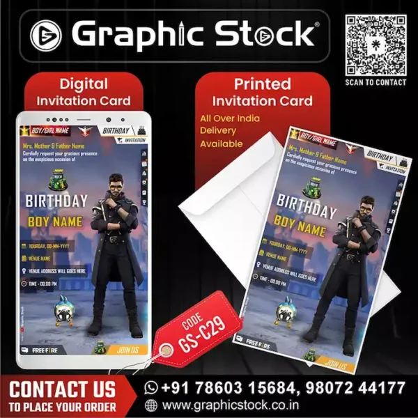 Epic Free Fire Birthday Invitation Card – Digital & Printed | GS‑C29 – Graphic Stock, Custom Birthday Invitation Card - Digital & Printable Invitation for Boy/Girl