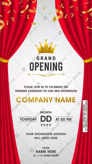 Elegant Grand Opening Invitation Card – Digital & Printed | GS‑C30 – Graphic Stock, Grand Opening Invitation Card - Digital & Printable Customizable Invitation with Curtain Theme for Showroom Opening