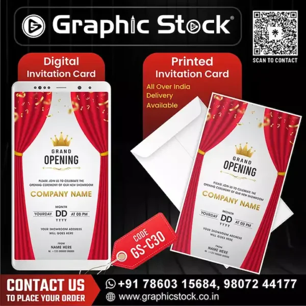 Elegant Grand Opening Invitation Card – Digital & Printed | GS‑C30 – Graphic Stock, Grand Opening Invitation Card - Digital & Printable Customizable Invitation with Curtain Theme for Showroom Opening