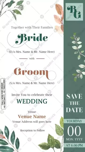 Elegant Botanical Wedding Invitation Card GS-C31 – Stunning Digital & Printed Design with leafy floral elements. Wedding Save the Date Invitation Card - Digital & Printable Customizable Invitation for Bride and Groom with Floral Theme