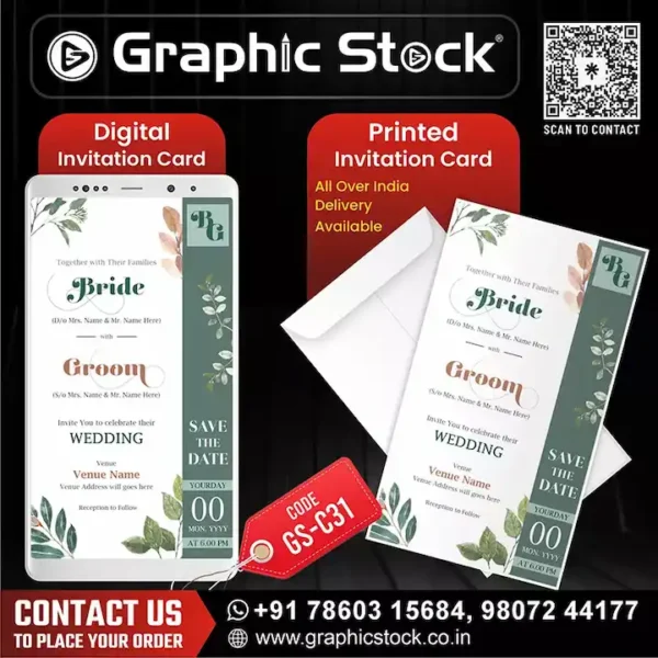 Elegant Botanical Wedding Invitation Card GS-C31 – Stunning Digital & Printed Design with leafy floral elements. Wedding Save the Date Invitation Card - Digital & Printable Customizable Invitation for Bride and Groom with Floral Theme