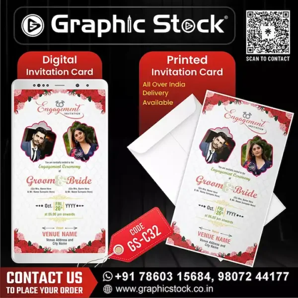 Elegant Red Floral Engagement Invitation Card GS‑C32 – Digital & Printed by Graphic Stock, Engagement Invitation Card - Digital & Printable Customizable Invitation for Groom and Bride with Floral Theme