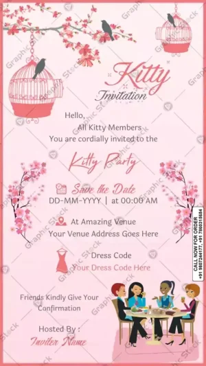 Gorgeous Pink Kitty Party Invitation Card GS‑C33 – Digital & Printed by Graphic Stock, Kitty Party Invitation Card - Digital & Printable Customizable Invitation with Pink Floral Theme