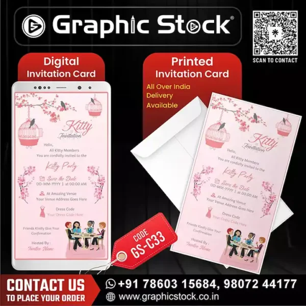 Gorgeous Pink Kitty Party Invitation Card GS‑C33 – Digital & Printed by Graphic Stock, Kitty Party Invitation Card - Digital & Printable Customizable Invitation with Pink Floral Theme