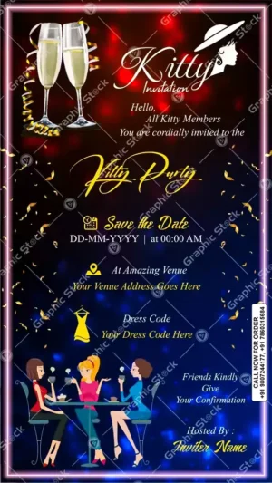 Luxury black kitty party invitation card with champagne glasses & party confetti – digital & printed by Graphic Stock. Kitty Party Invitation Card - Digital & Printable Customizable Invitation with Glamorous Cocktail Theme