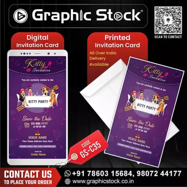 Elegant purple kitty party digital invitation card GS‑C35