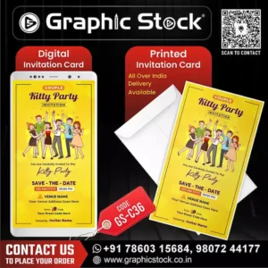 Vibrant yellow Couple Kitty Party Invitation Card – GS‑C36 in digital and printed formats