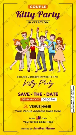 Vibrant yellow Couple Kitty Party Invitation Card – GS‑C36 in digital and printed formats
