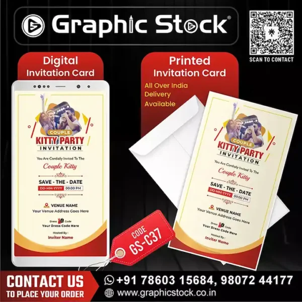 modern kitty party card GS‑C37 with digital and print delivery.