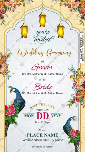 Luxury Peacock Wedding Invitation Card GS‑C39 – Elegant digital & printed invite by Graphic Stock.