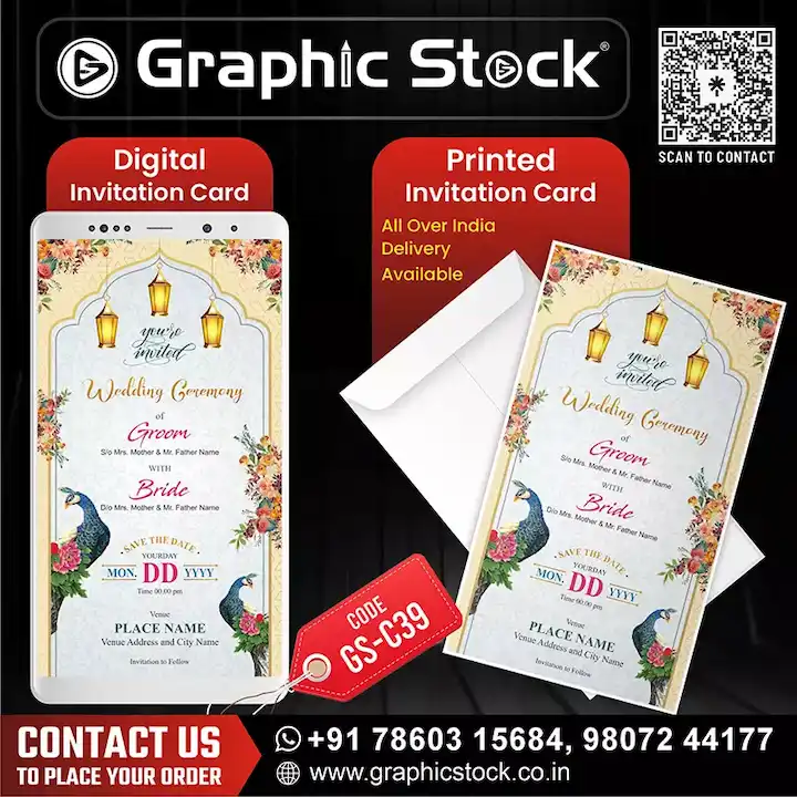 Luxury Peacock Wedding Invitation Card GS‑C39 – Elegant digital & printed invite by Graphic Stock.