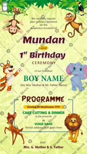 Joyful Mundan 1st Birthday Invitation, Jungle Theme Mundan and 1st Birthday Invitation Card for Baby Boy – Digital & Printed Version