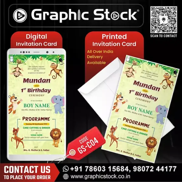 Joyful Mundan 1st Birthday Invitation, Jungle Theme Mundan and 1st Birthday Invitation Card for Baby Boy – Digital & Printed Version