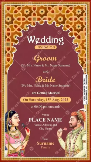Mughal Theme Wedding Invitation Card, Mughal Style Wedding Invitation Card – Bride Groom Artwork with Jaali Design – Digital & Printed