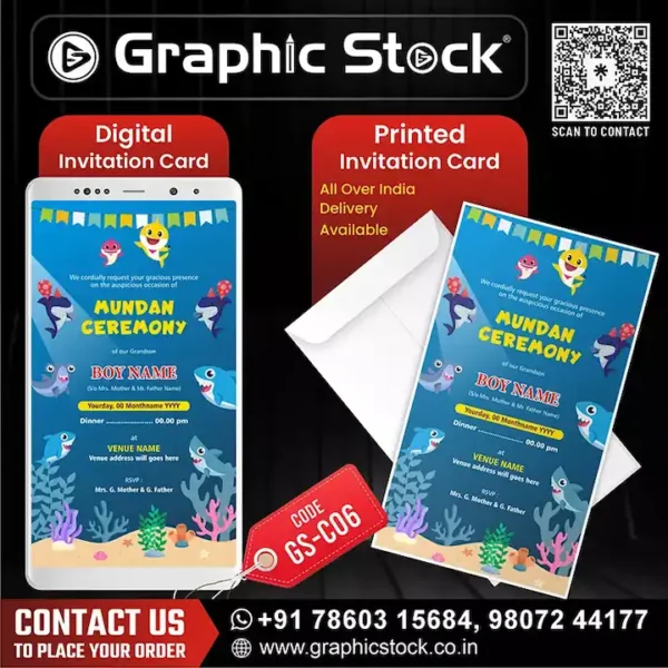 Amazing Custom Shark Mundan eCard, Custom Shark-Themed Mundan Ceremony Invitation Card