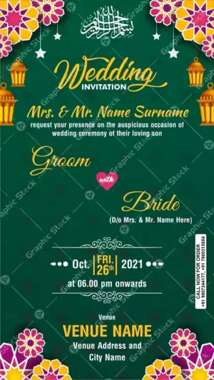 Green Theme Muslim Invitation, Muslim 2-in-1 Nikah Wedding Card, Islamic Wedding Invitation Card with Green Arch Theme ā Digital & Printed Format