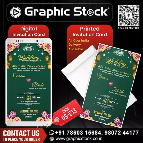Green Theme Muslim Invitation, Muslim 2-in-1 Nikah Wedding Card, Islamic Wedding Invitation Card with Green Arch Theme – Digital & Printed Format