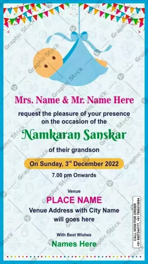 Joyful 2-in-1 Namkaran Sanskar Invite, Namkaran Sanskar Invitation Card for Baby Boy – Blue Theme – Digital and Printed
