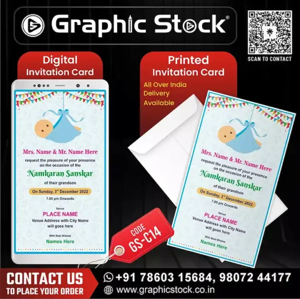 Joyful 2-in-1 Namkaran Sanskar Invite, Namkaran Sanskar Invitation Card for Baby Boy – Blue Theme – Digital and Printed