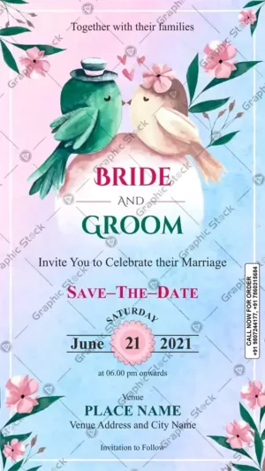 Birds Theme Save the Date Invitation, Save the Date Wedding Invitation with Love Birds – Pastel Floral Theme – Digital & Printed (GS-C19)