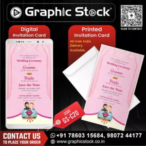 Adorable Couple Car Wedding Invitation – 2-in-1 Invitation, Cartoon Couple Wedding Ceremony Invitation Card – Light Pink Curtain Theme – Digital & Printed