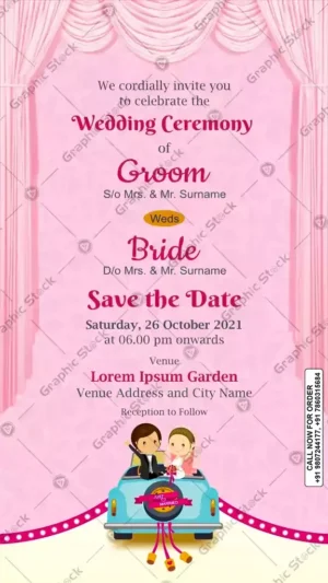 Adorable Couple Car Wedding Invitation – 2-in-1 Invitation, Cartoon Couple Wedding Ceremony Invitation Card – Light Pink Curtain Theme – Digital & Printed