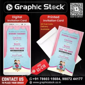 Cartoon Couple Wedding Ceremony Invitation Card – Light Blue & Pink Curtain Theme – Digital & Printed