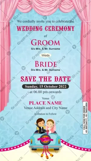 Cartoon Couple Wedding Ceremony Invitation Card ā Light Blue & Pink Curtain Theme ā Digital & Printed