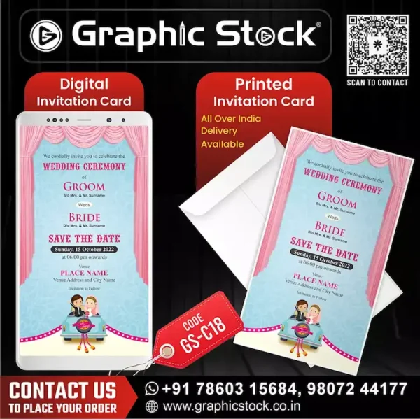 Cartoon Couple Wedding Ceremony Invitation Card – Light Blue & Pink Curtain Theme – Digital & Printed