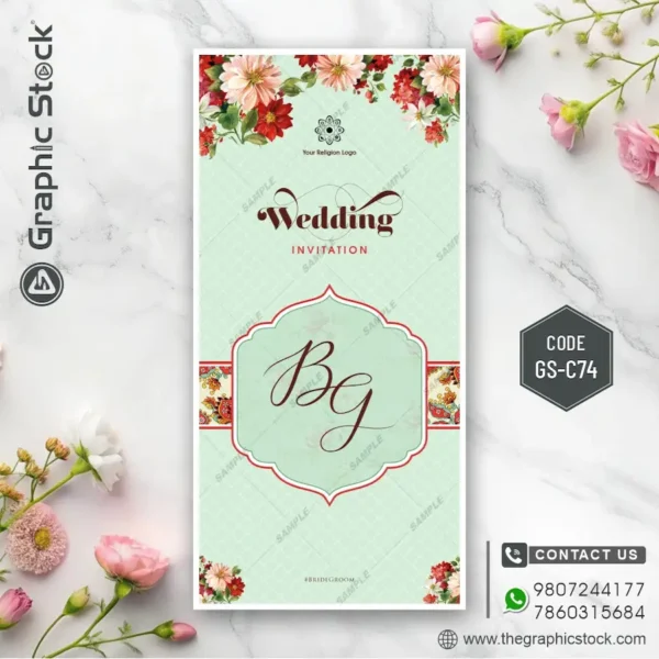 Floral Wedding Invitation Card Design with Bride Groom Initials BG – Code GS-C74