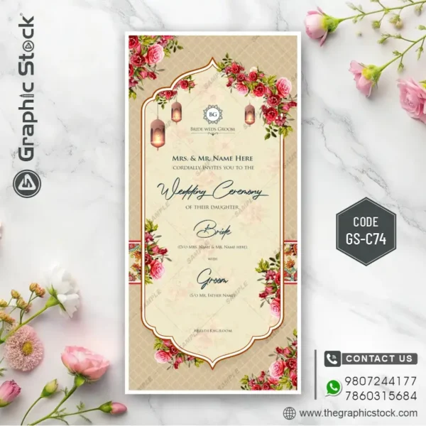 Elegant Floral Wedding Invitation Card with Bride and Groom Details – Code GS-C74