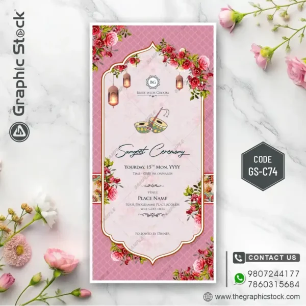 Pink Floral Sangeet Ceremony Invitation Card Design with Dhol Illustration – Code GS-C74