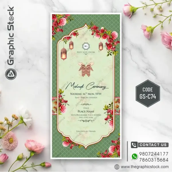 Green Floral Mehndi Ceremony Invitation Card Design with Decorative Elements – Code GS-C74