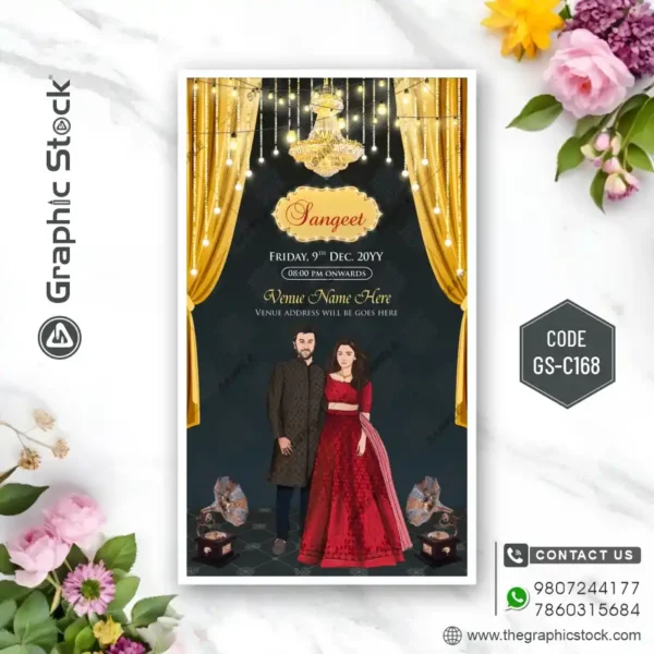Caricature Sangeet Ceremony Invitation with Music Theme – Code GS-C168