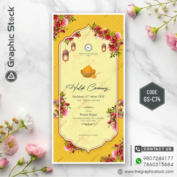 Yellow Floral Haldi Ceremony Invitation Card Design with Decorative Elements – Code GS-C74