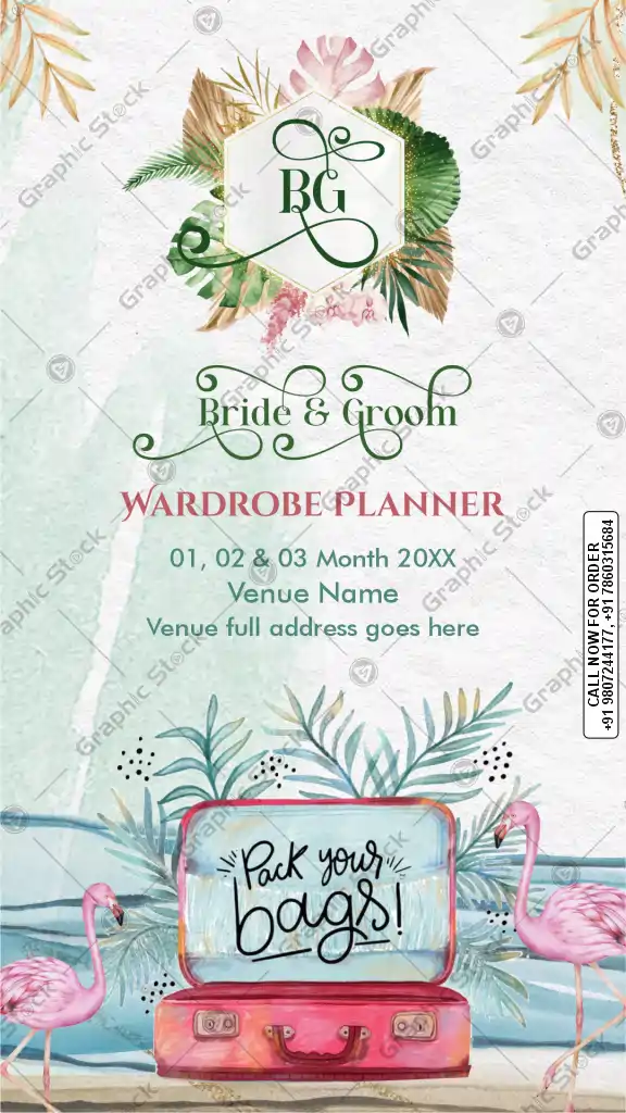 Tropical Wedding Wardrobe Planner Cover with Flamingo and Suitcase Illustration