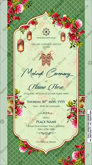 Elegant Green Floral Mehndi Ceremony Invitation – Digital & Printable (GS-C100)