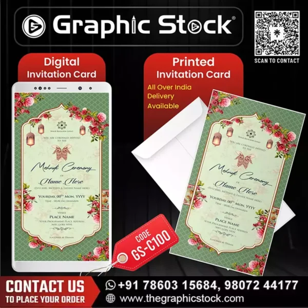 Elegant Green Floral Mehndi Ceremony Invitation – Digital & Printable (GS-C100)