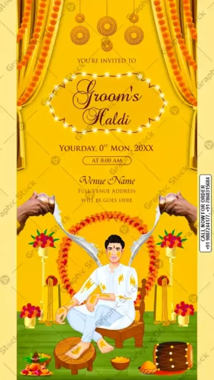 Luxury Groom Haldi Invitation with Caricature – GS-C198