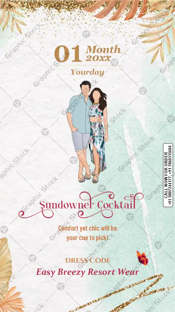 Sundowner Cocktail Dress Code Planner with Couple Illustration and Gold Glitter Decor