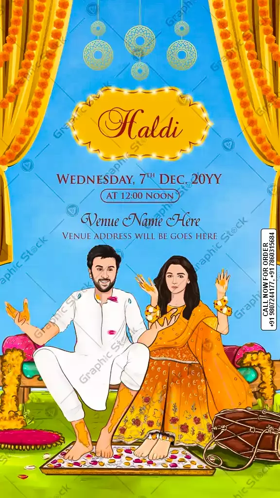 Vibrant Blue and Yellow Haldi Ceremony Invitation with Couple Sitting and Traditional Decor