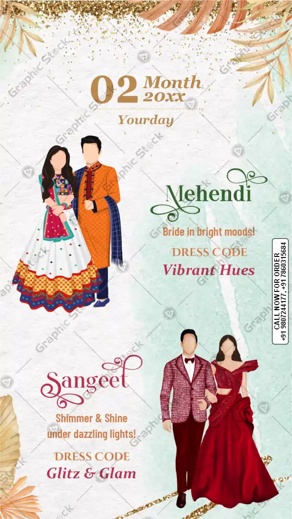 Mehendi and Sangeet Dress Code Planner with Traditional and Glamorous Couple Illustrations